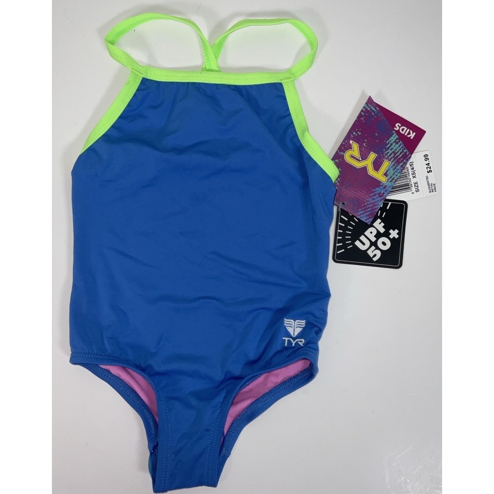 NWT TYR Kids Girl's Solid Diamondfit Durafast Lite 1 Piece‎ Swimsuit Blue XS 4/5